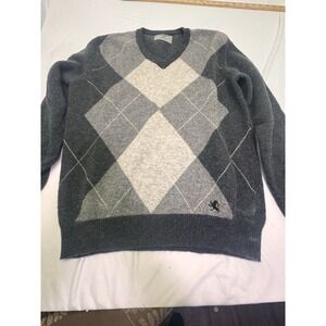 Express Sweater Mens L Gray Argyle 100% Lambs Wool V-Neck Long Sleeve Soft Logo